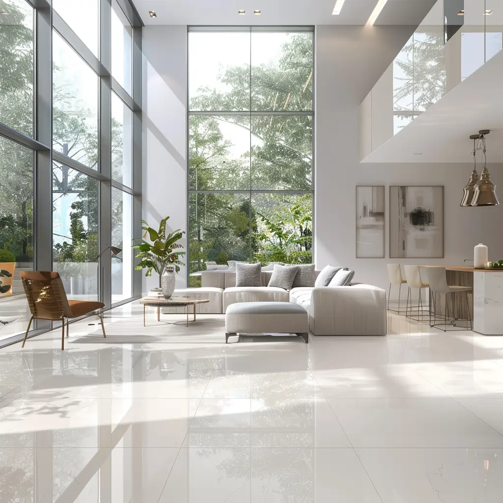 Biela podlaha v obývačke s veľkými oknami a moderným nábytkom
