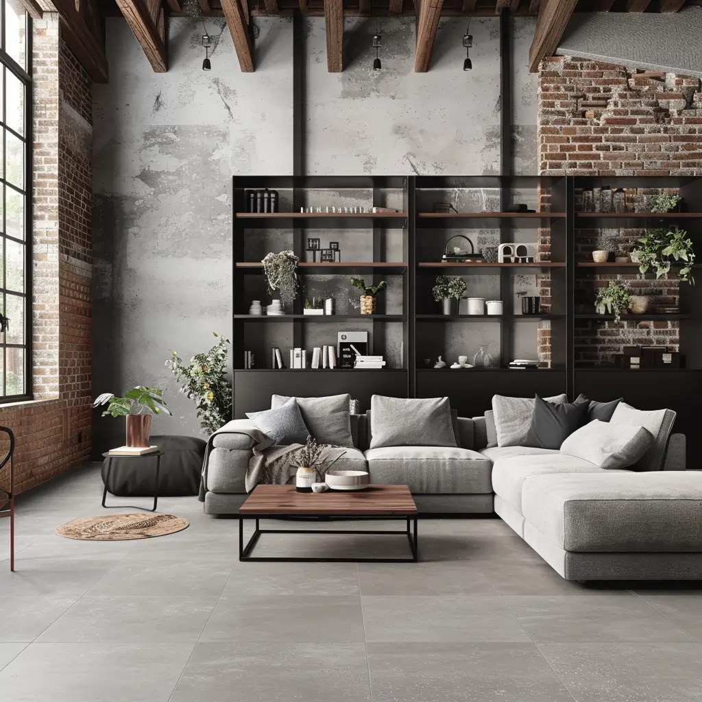 Moderná dlažba do obývačky s betónovým vzhľadom v industriálnom interiéri