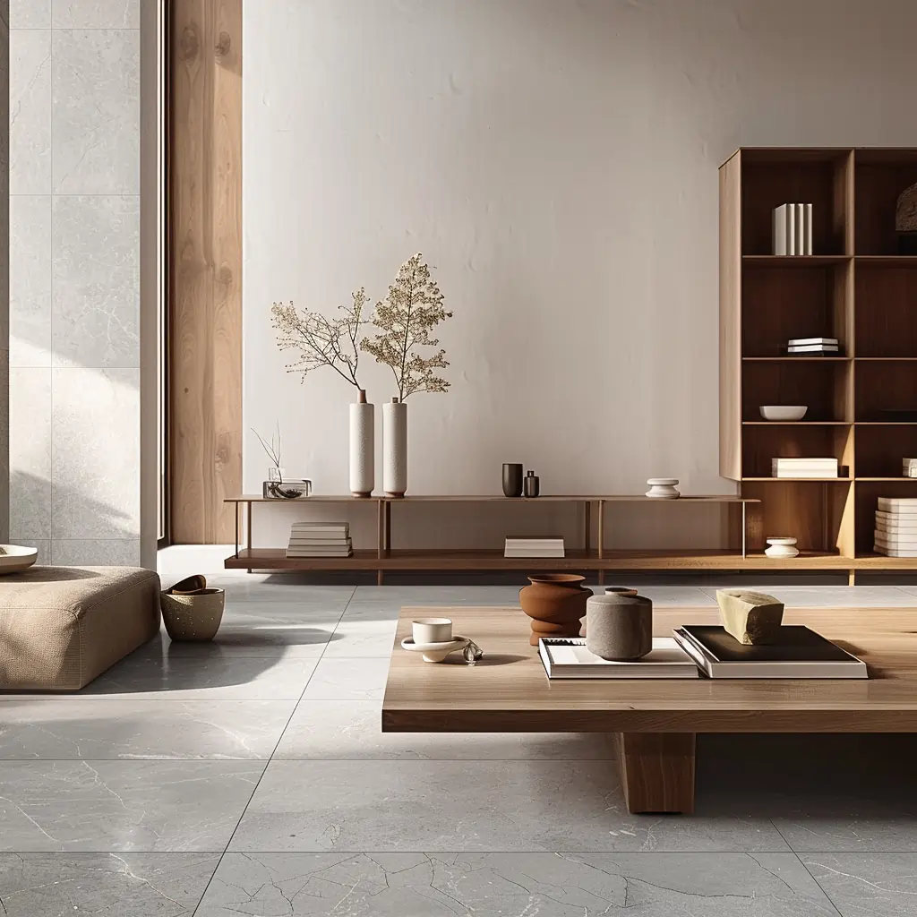 Sivá podlaha v obývačke s veľkoformátovou gresovou dlažbou