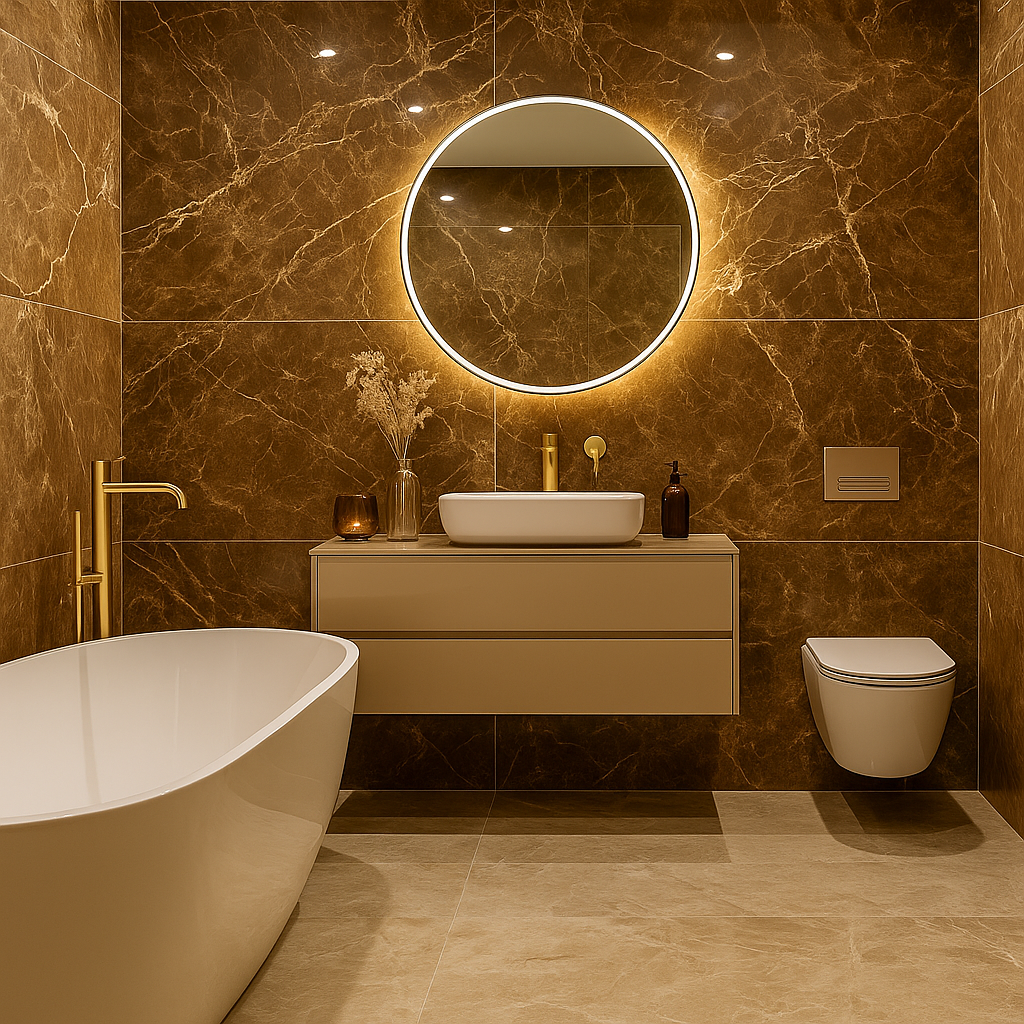 Hnedý obklad do kúpeľne imitujúci mramor