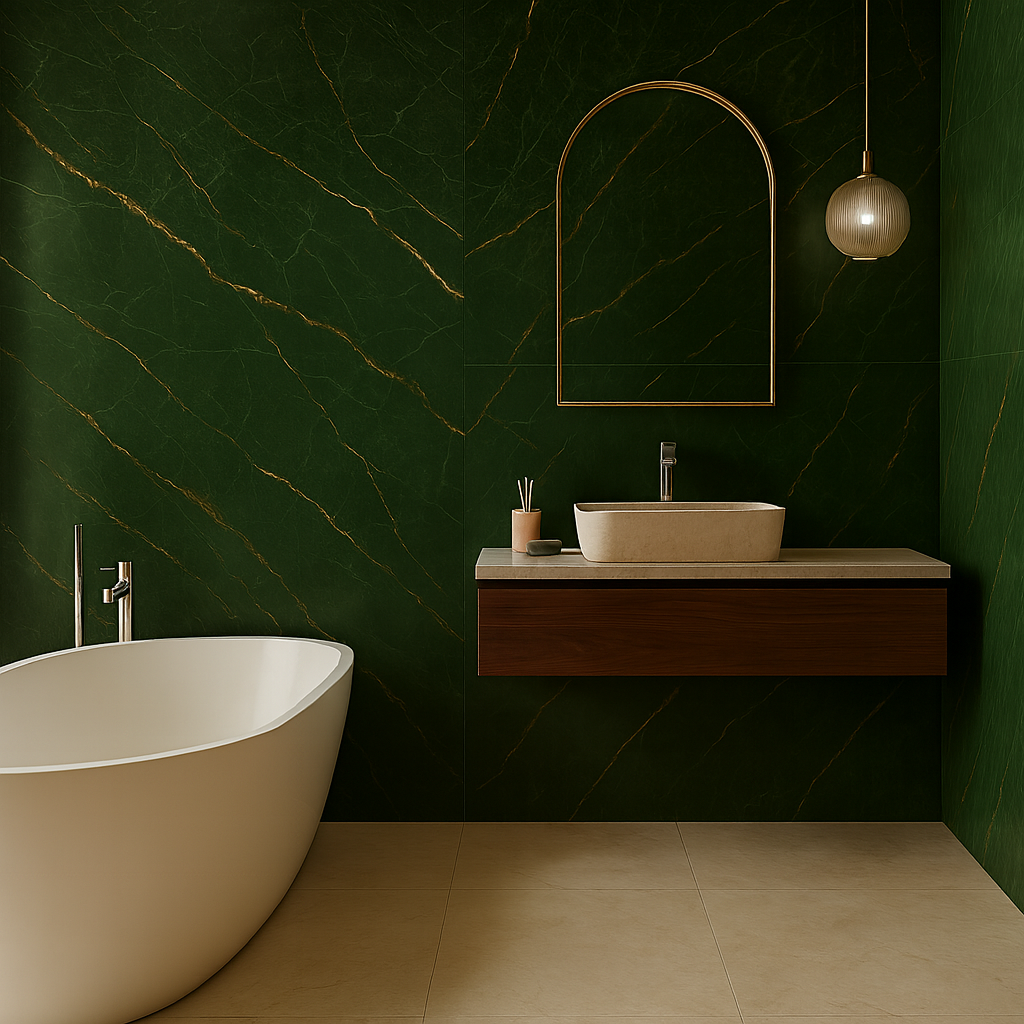 Zelený obklad do kúpeľne so vzhľadom mramoru