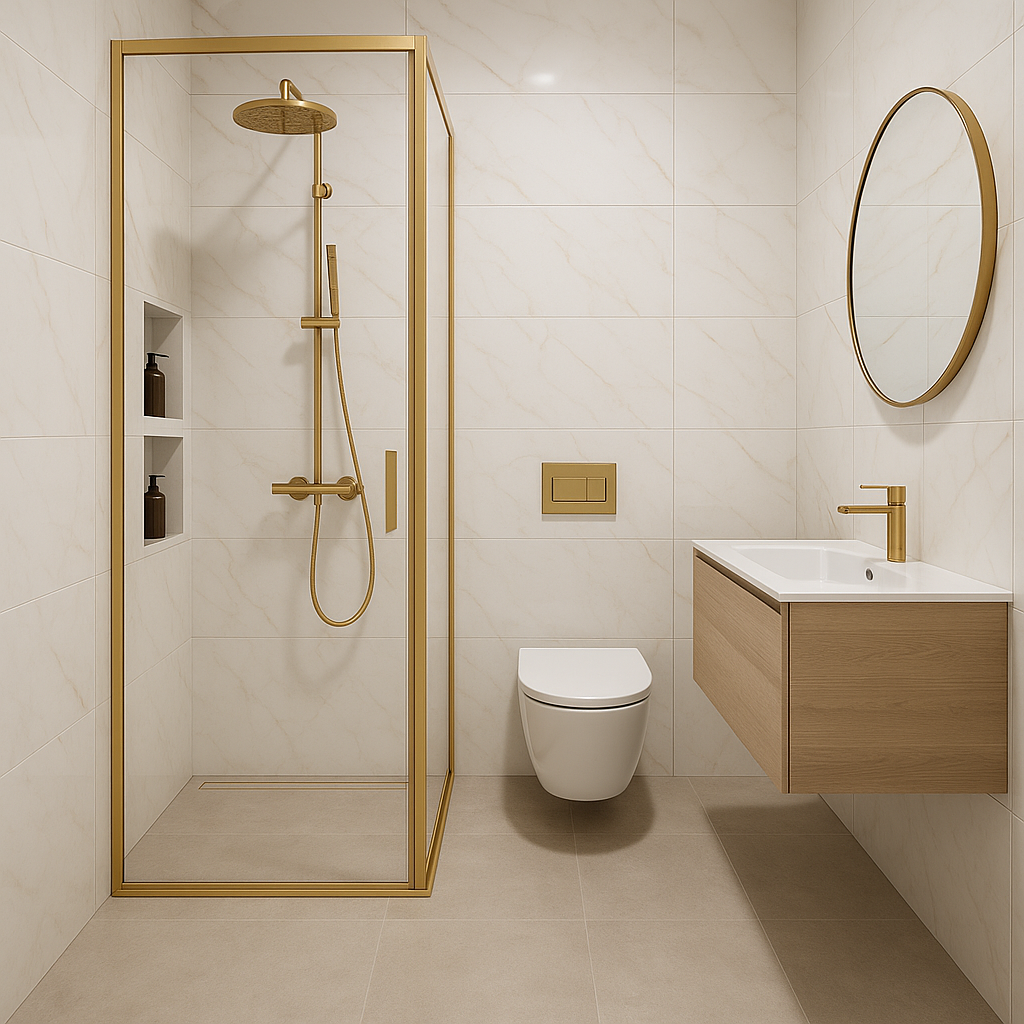 Malé kúpeľne so sprchou a zlatým sprchovým setom a závesným WC