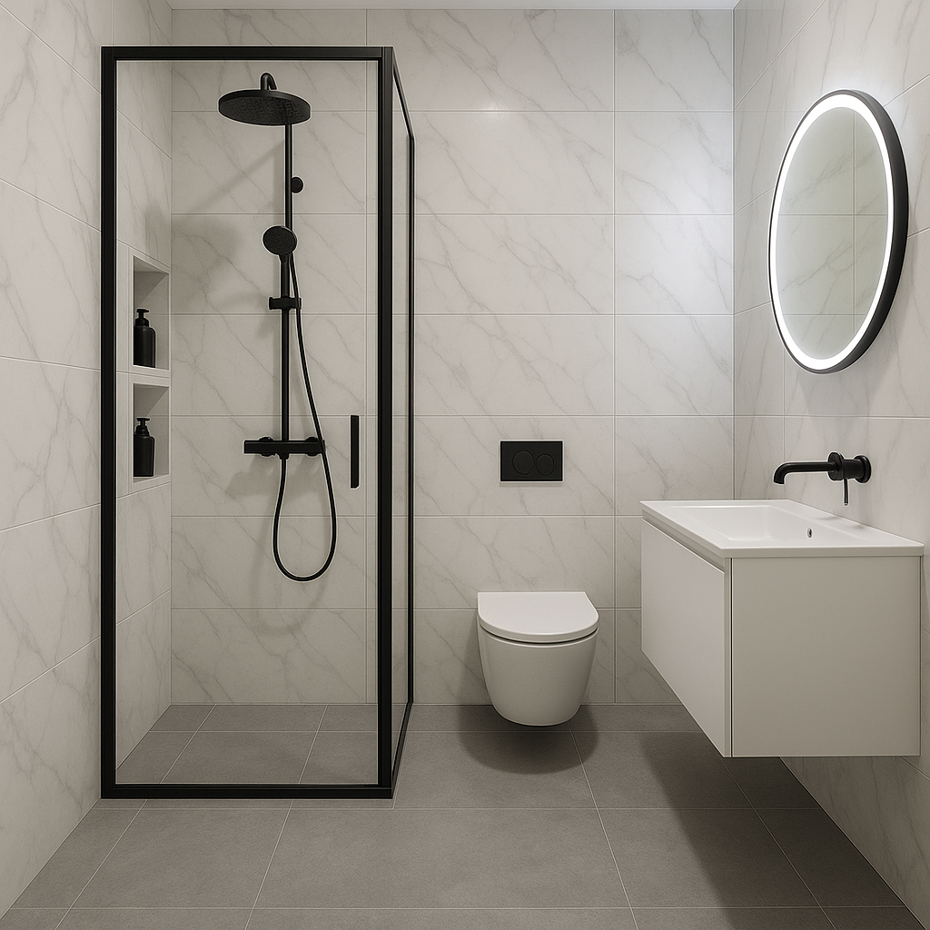 Malé kúpeľne so závesným WC a skrinkou s umývadlom a čiernou batériou