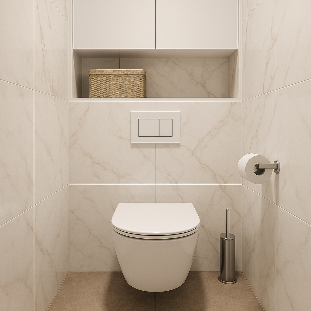 Malá kúpeľňa s detailom na závesné WC a skryté úložné priestory