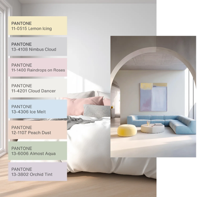 Farba roka 2026 Cloud Dancer v kombinácii s pastelovými farbami