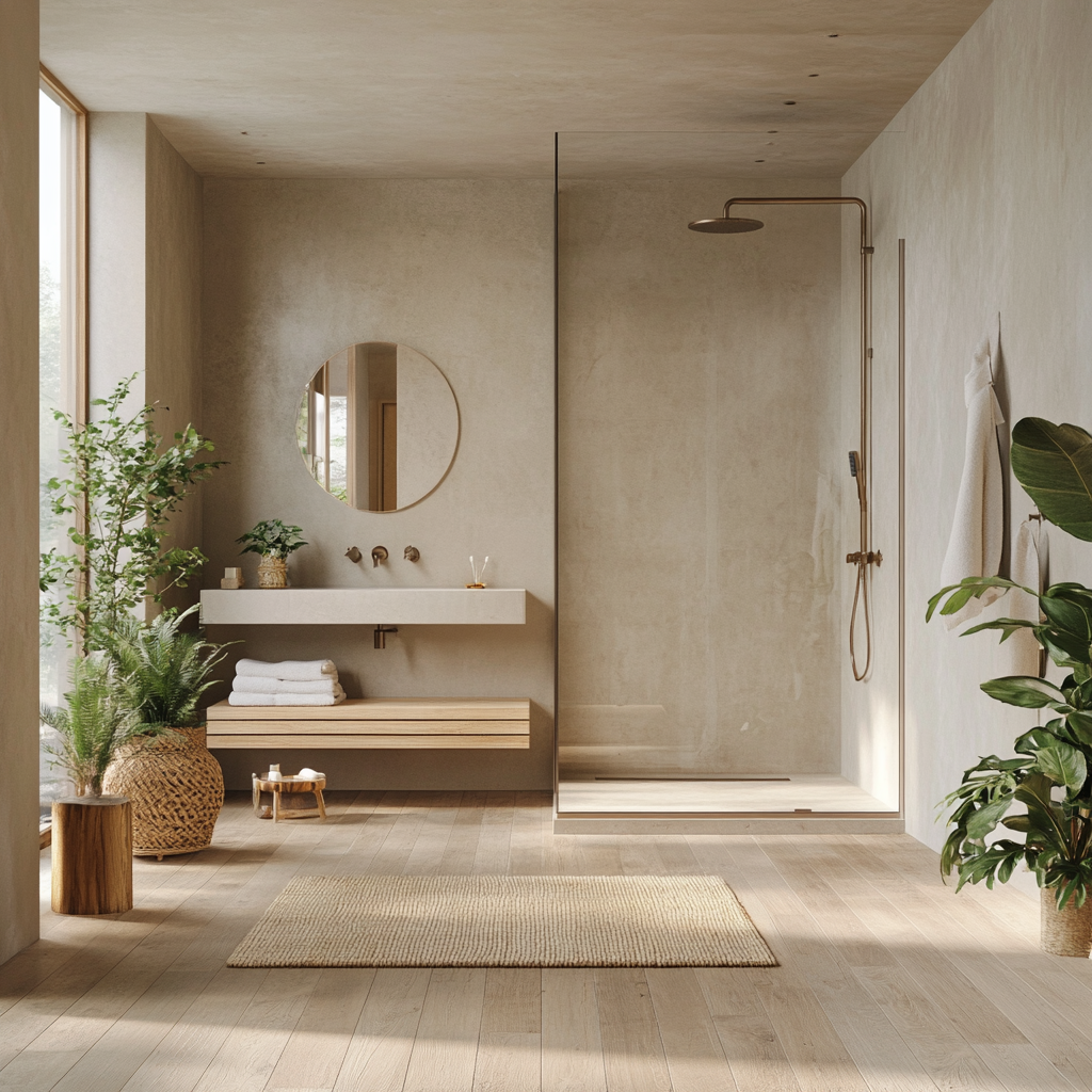 Dlažby so vzorom dreva v modernej kúpeľni