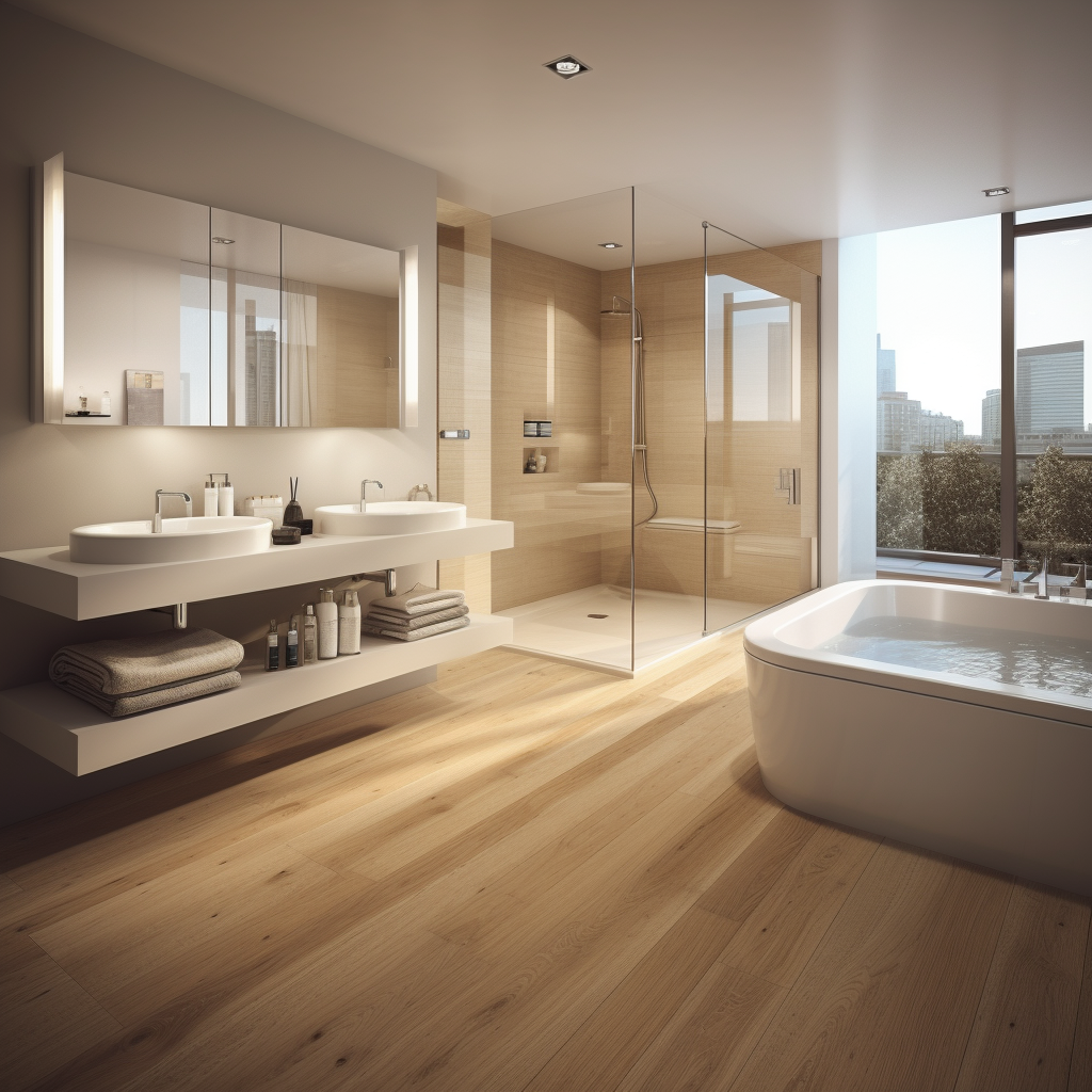 Gresová dlažba imitácia dreva v modernej kúpeľni so skleneným sprchovým kútom a voľne stojacou vaňou