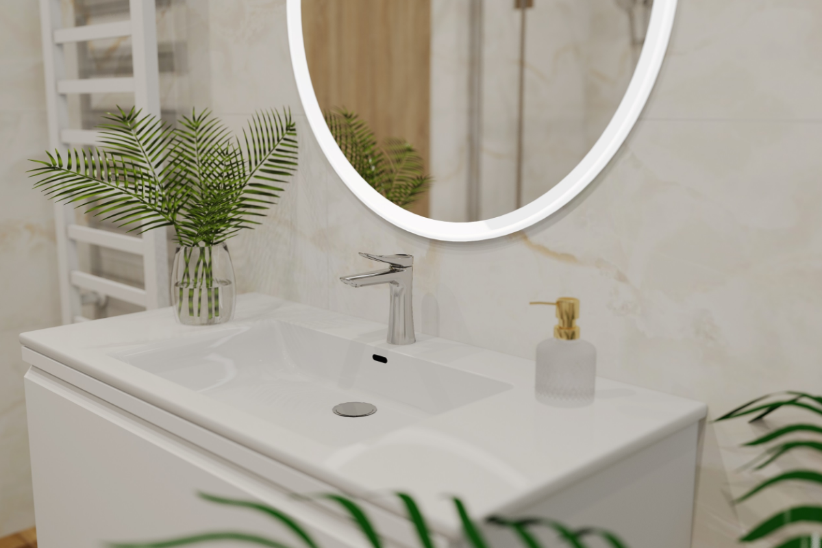 Béžová kúpeľňa s detailom bieleho umývadla, zrkadla s LED osvetlením po krajoch a dekorácií