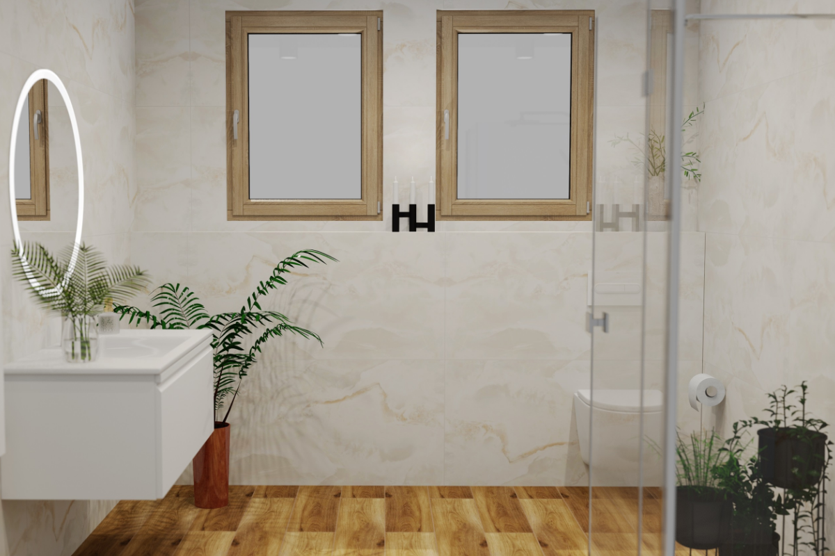 Béžová kúpeľňa s dlažbou imitujúcou drevo, ónyxovým obkladom a dvoma oknami s dreveným rámom