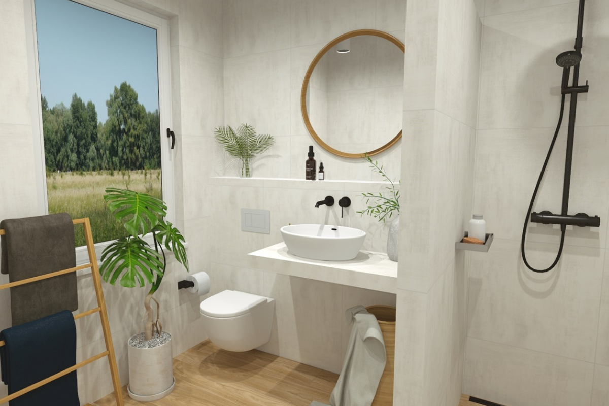 Kúpeľňa drevo a biela stena s minimalistickým riešením walk-in priestoru so sprchou a čiernou batériou