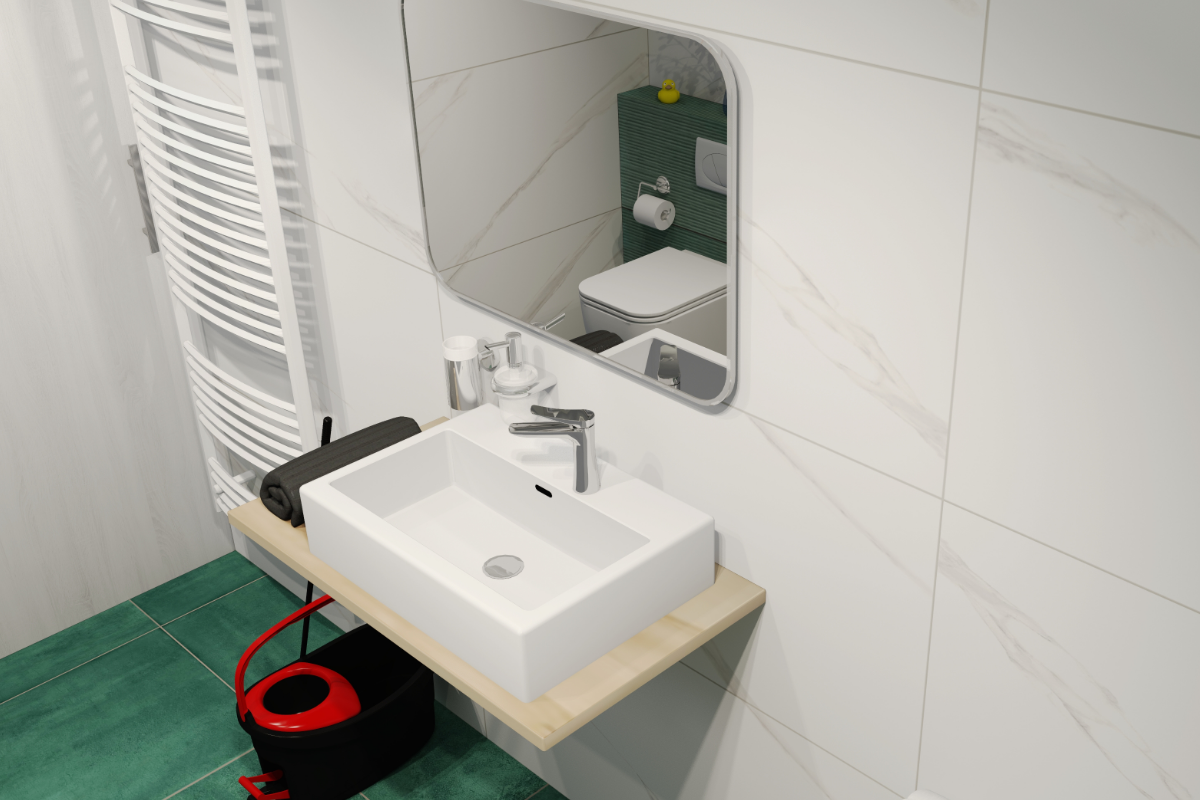 Bielo zelená kúpeľňa s pohľadom na umývadlo a zrkadlo s reflexiou WC