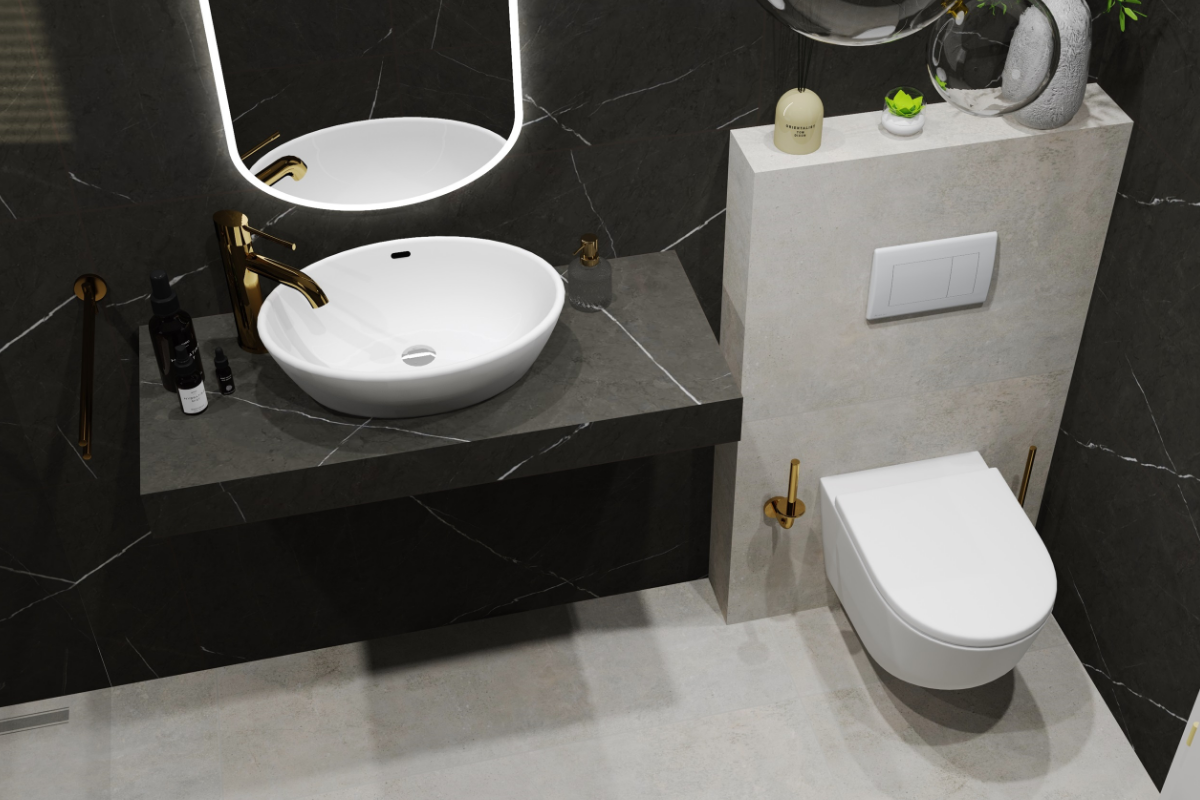 Čierna kúpeľňa s umývadlom na doske, zlatými batériami a závesným WC s bielym tlačidlom