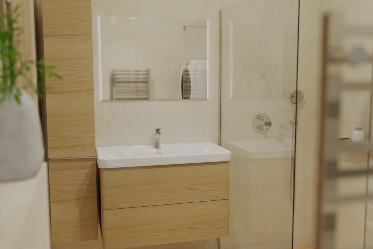 Kúpeľňa s drevodekorom a skrinkou s umývadlom, podsvieteným zrkadlom a sprchovou walk in zónou s čírym sklom