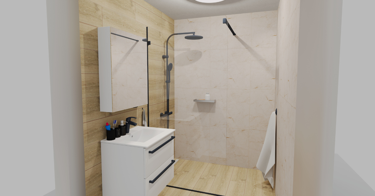 Malá moderná kúpeľňa so sprchou walk in a umývadlom so skrinkou