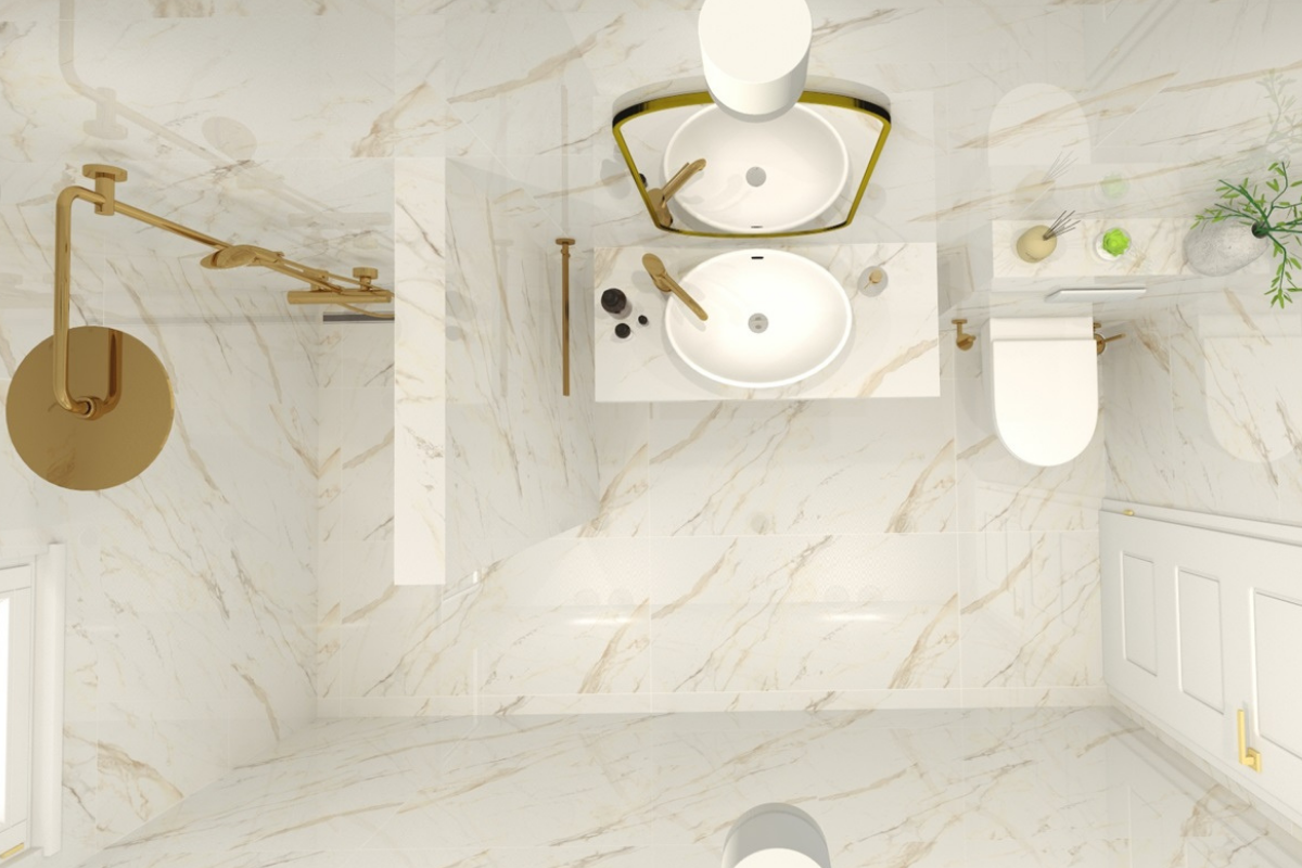 Mramorová kúpeľňa s umývadlom, sprchou, toaletou v svetlých odtieňoch a zlatými doplnkami