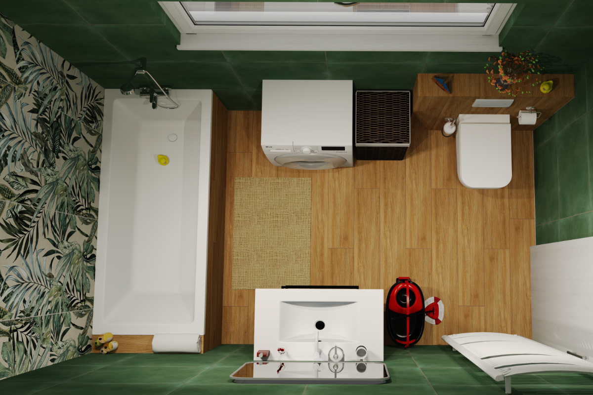 Zelené kúpeľne s kombináciou dreva, vane a botanického obkladu