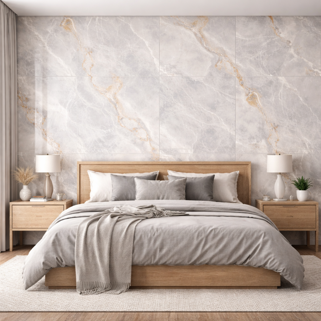 Dlažby s nadväzujúcim vzorom ako obklad za posteľ do spálne