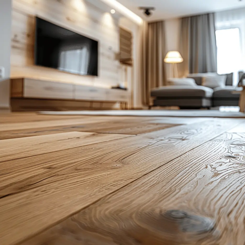 Prirodzená štruktúra dreva ako podlahy v obývačke