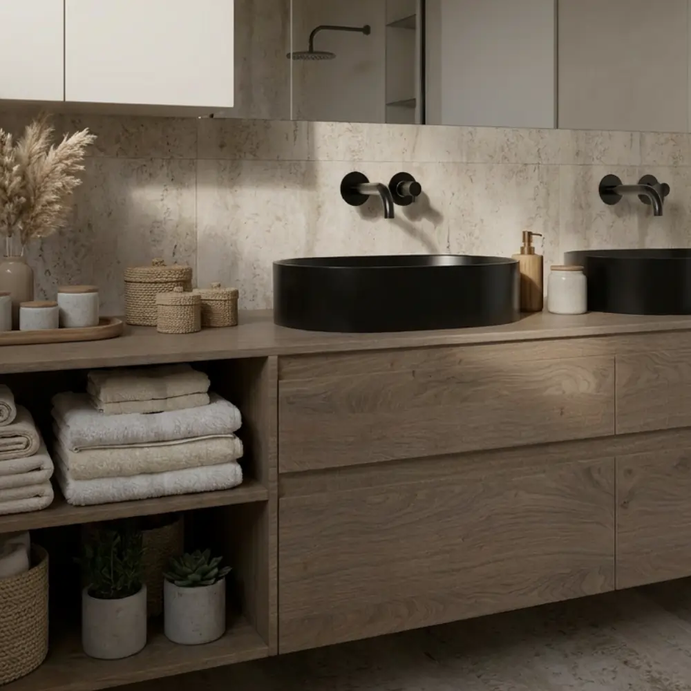 Výrazný obklad v kúpeľni kombinovaný s neutrálnymi materiálmi