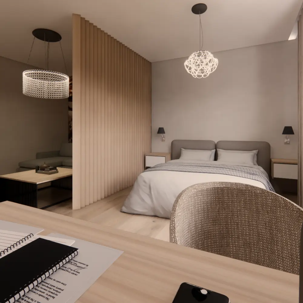 Betónový vzhľad kombinovaný s drevom v modernom minimalistickom interiéri