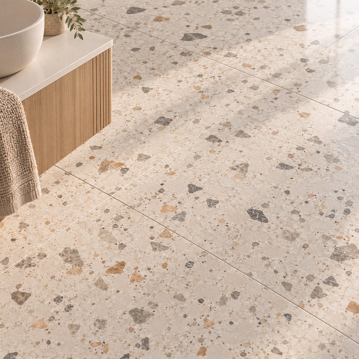 Terrazzo dlažba do kúpeľne s dreveným nábytkom