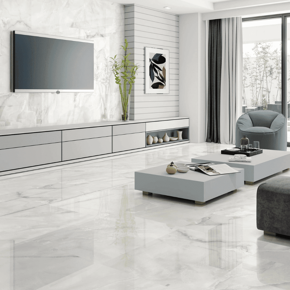 Luxusná dlažba do obývačky v bielej farbe s imitáciou ónyxu