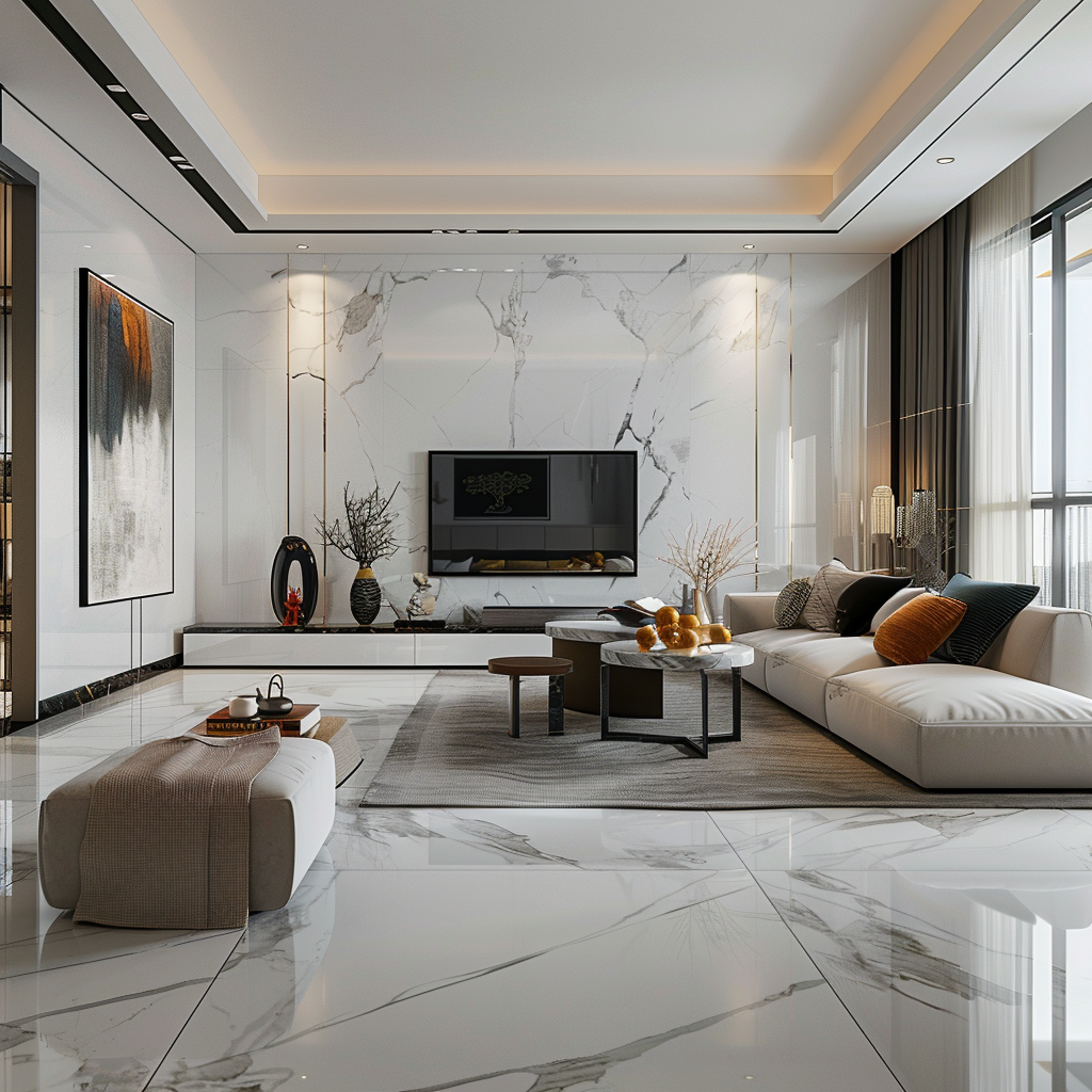 Biela dlažba v obývačke s imitáciou mramoru