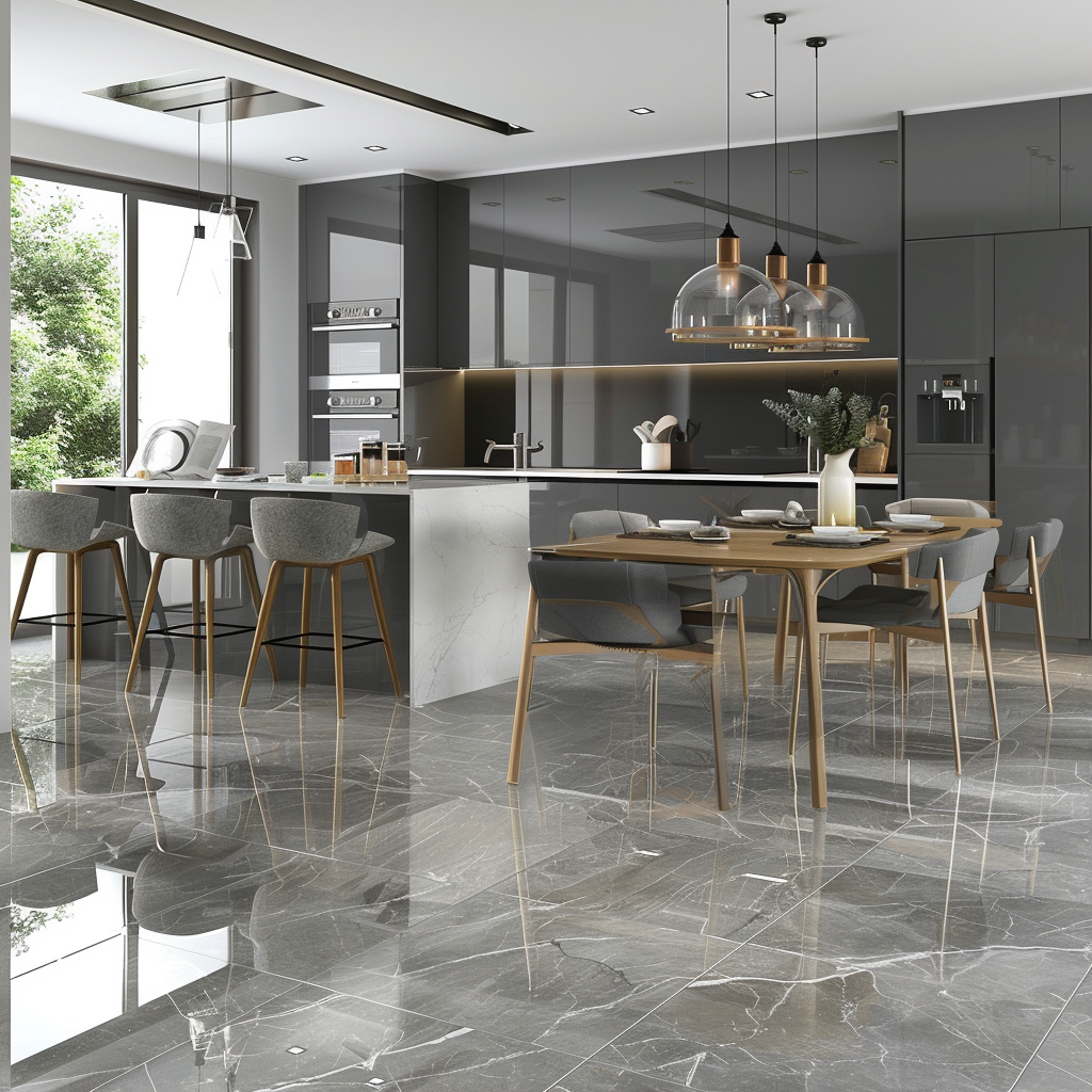 Šedá lesklá dlažba v modernej kuchyni s jedálenským stolom