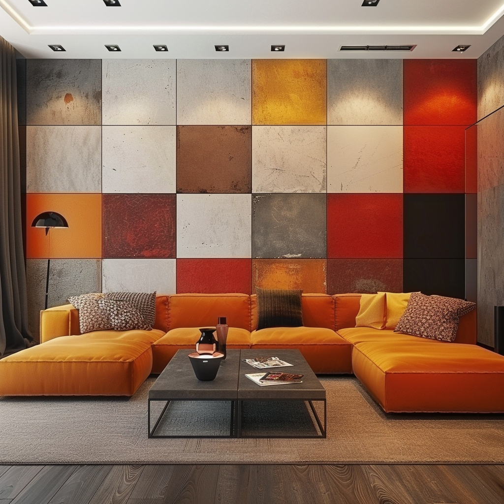 Obklady a dlažby v rôznych farbách na jednej stene v obývačke