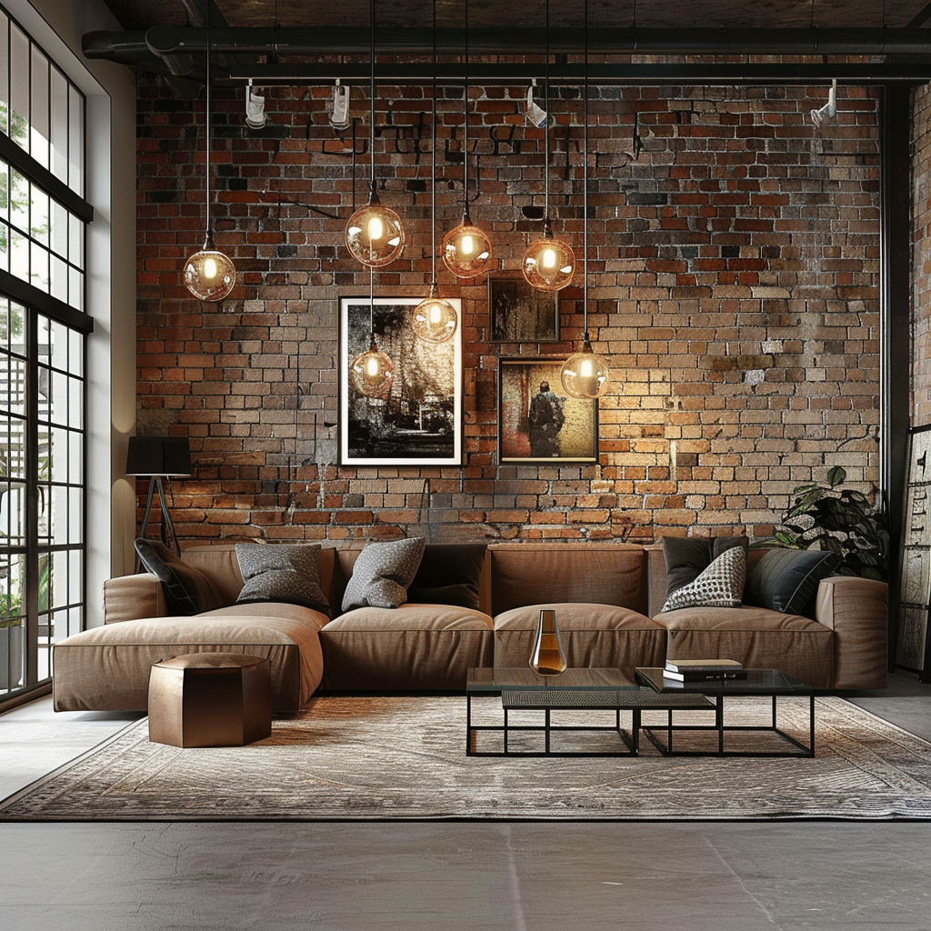 Industriálny štýl v obývačke s tehlovou stenou a veľkými lampami