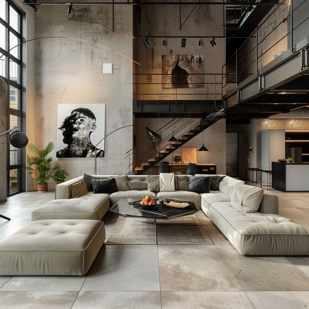 Obývačka v industriálnom štýle s veľkou sedačkou a betónovou podlahou