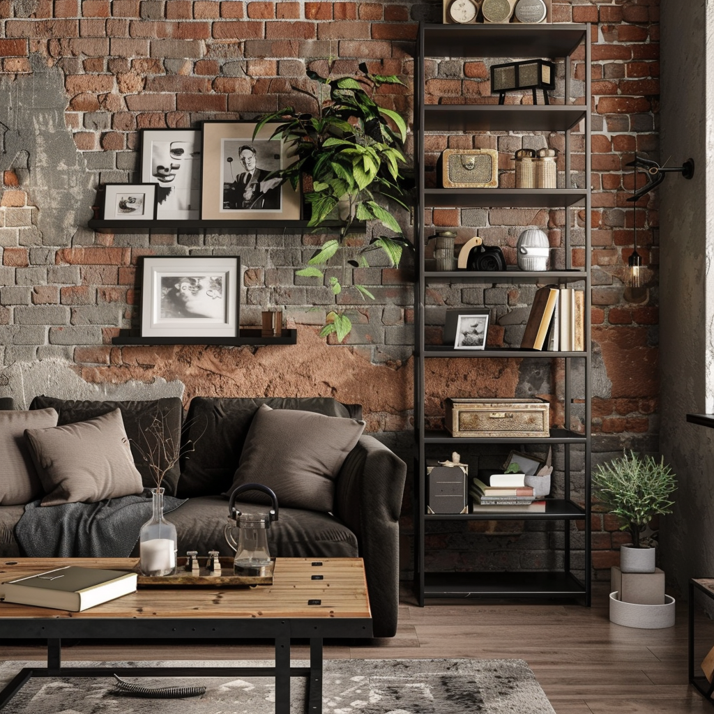 Industriálny štýl v obývačke s tehlovou stenou a policou s knihami