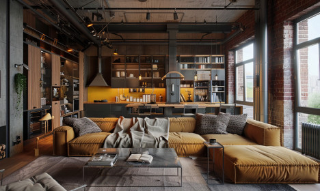 Industriálny štýl – obývačka s dlažbou imitujúcou betón